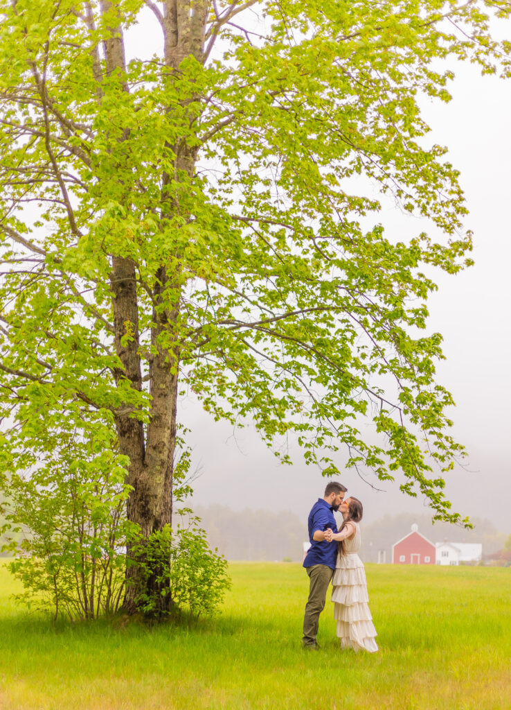 A couple kisses under a tree at their rainy engagement session.