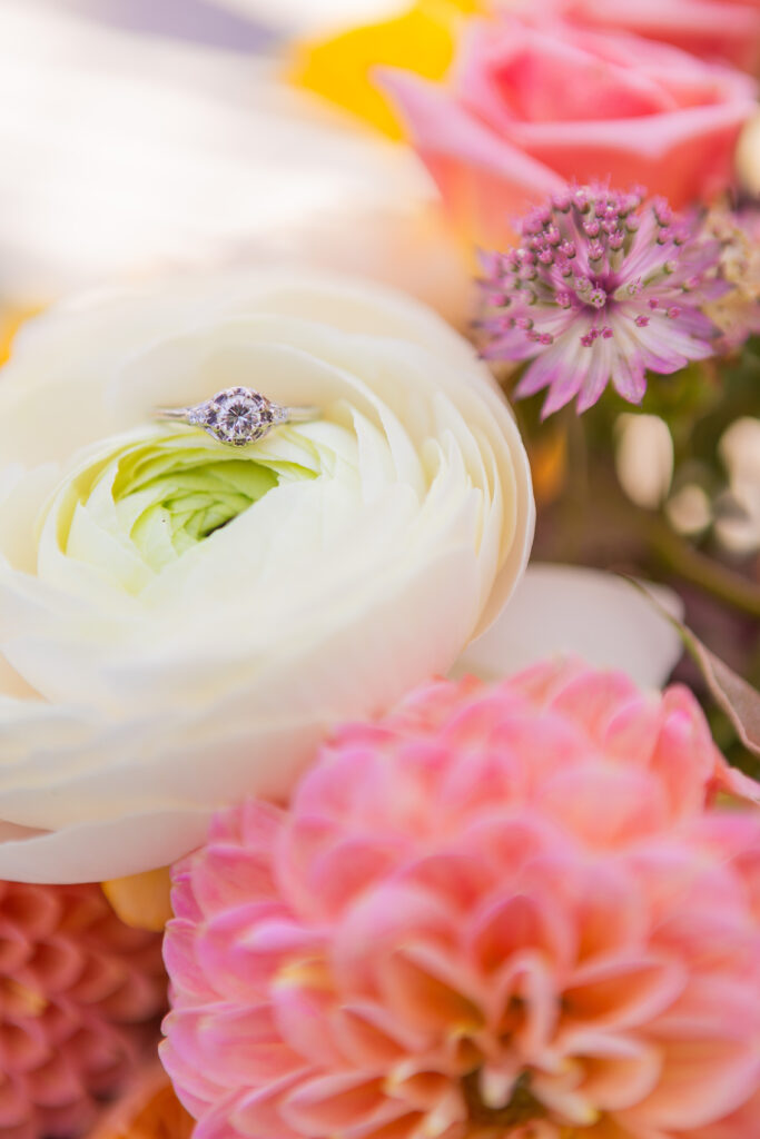 Engagement ring in the wedding bouquet. 
