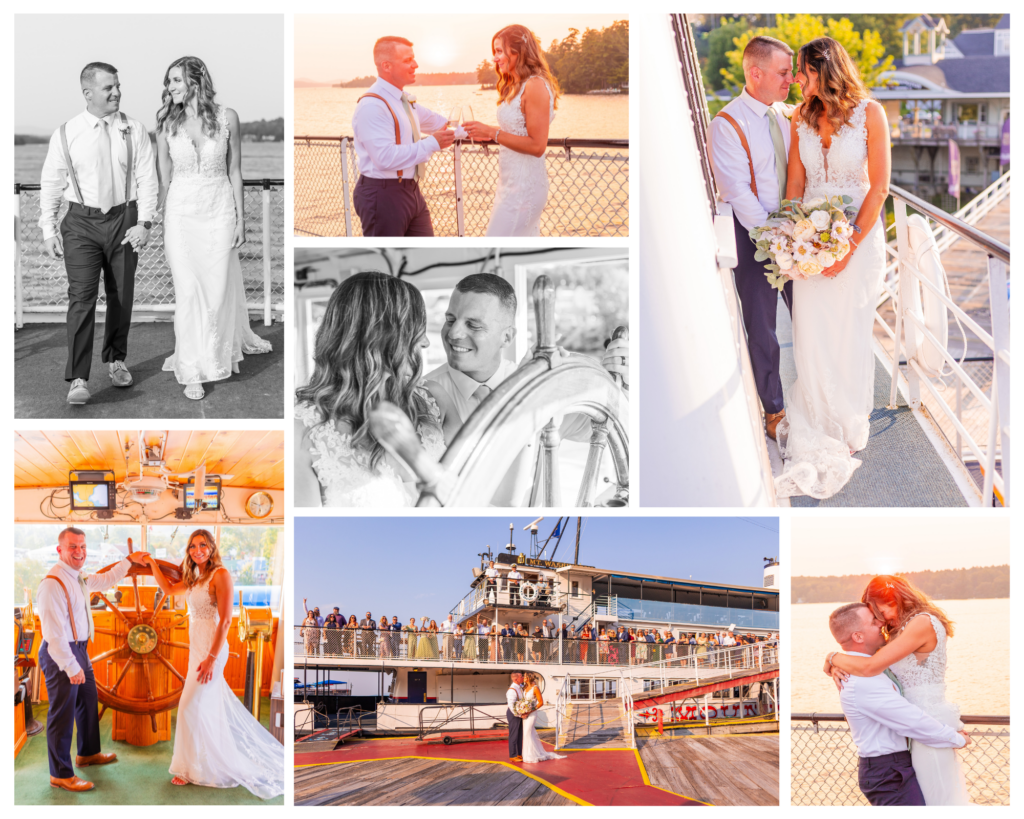 Golden hour wedding in Laconia NH on Weirs Beach.