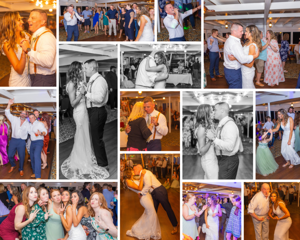 Bride and groom enjoy their wedding reception on the Mount Washington Cruise ship.