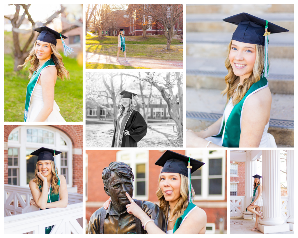Graduation photos in front of Rounds Hall at Plymouth State University.