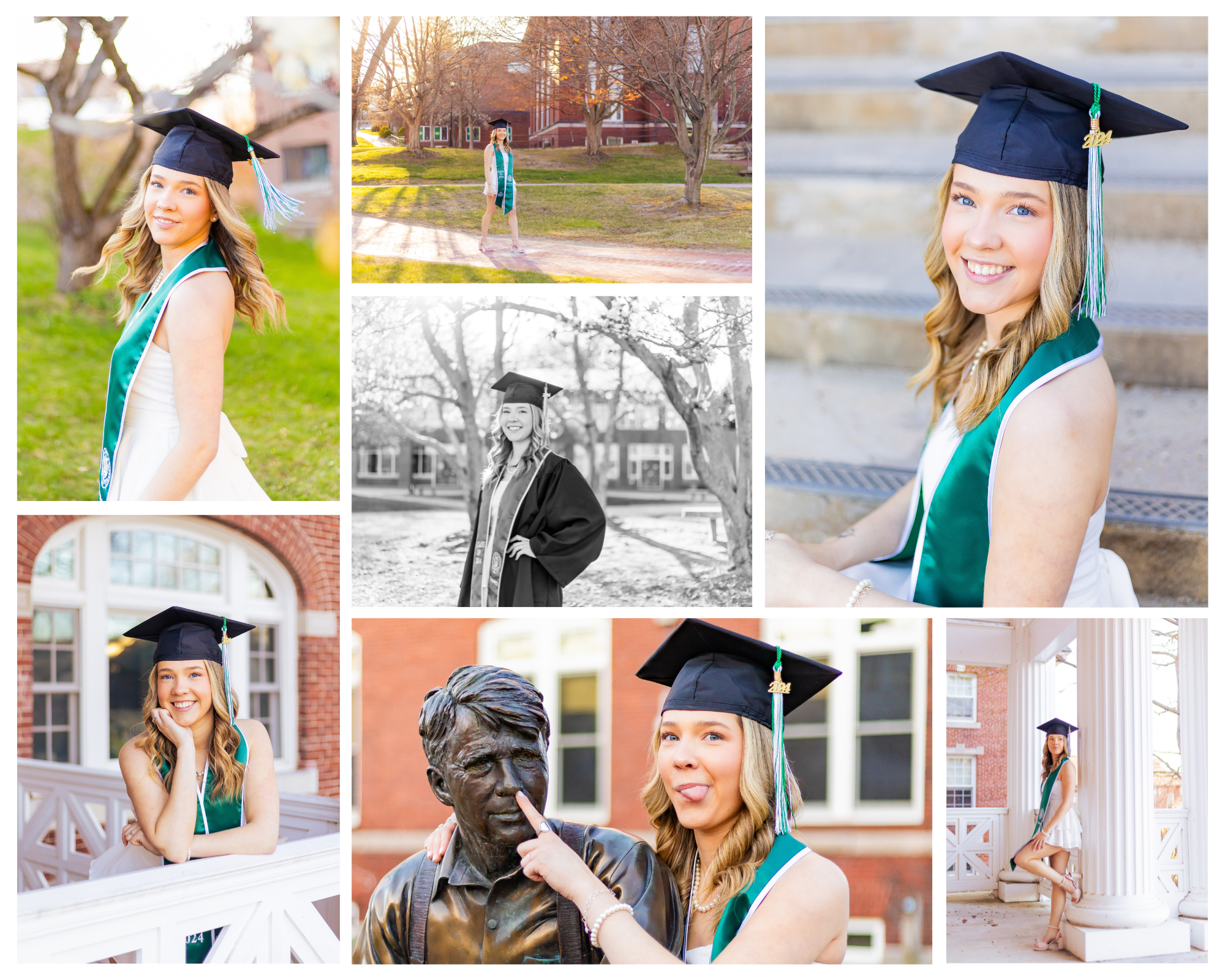 Grad photos at Plymouth State University at golden hour.