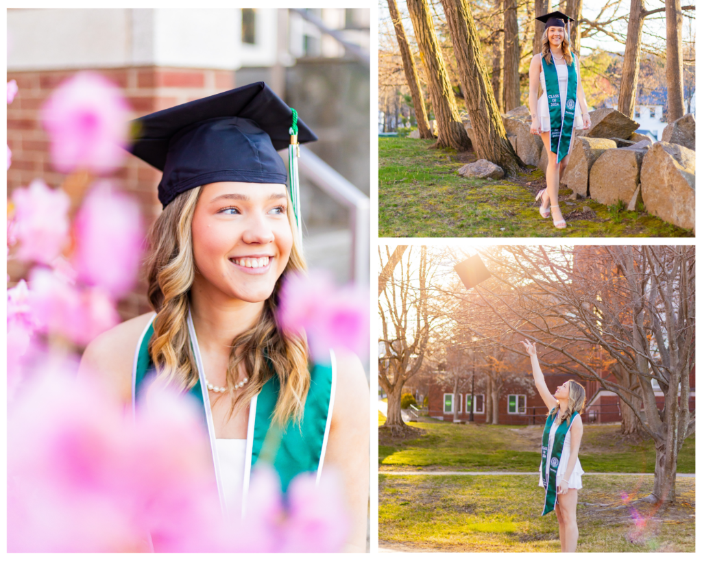 Golden hour grad photos in April at Plymouth State University.