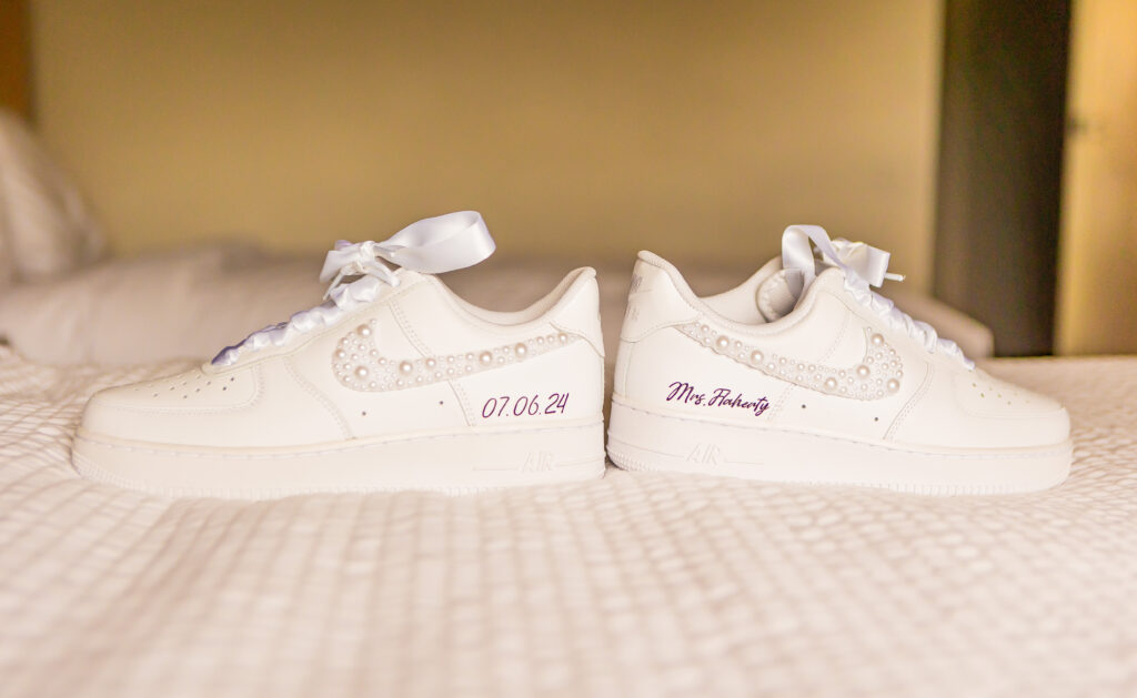 Custom sneakers for bride on her wedding day.