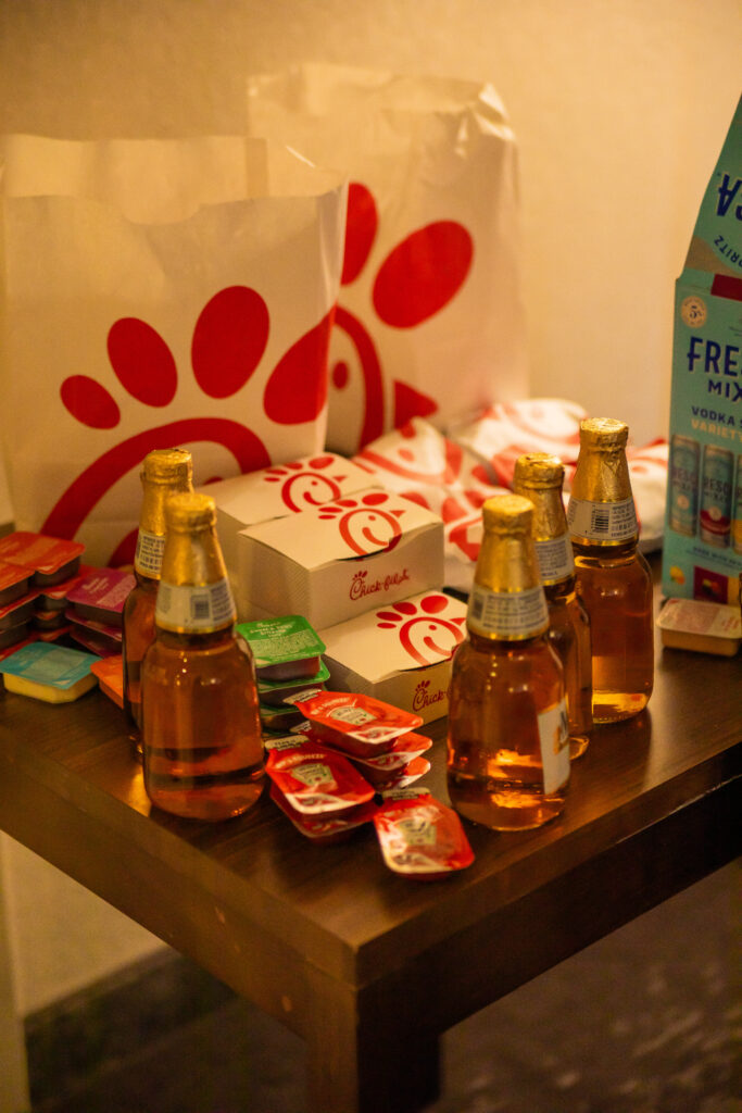 Groom's wedding snacks included chickfila and beers.