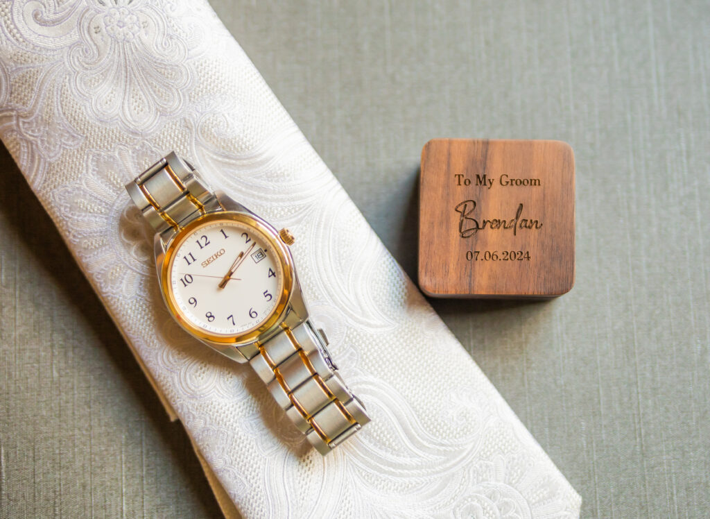 Custom cuff link box and wedding watch for the groom on his wedding day in New Hampshire.