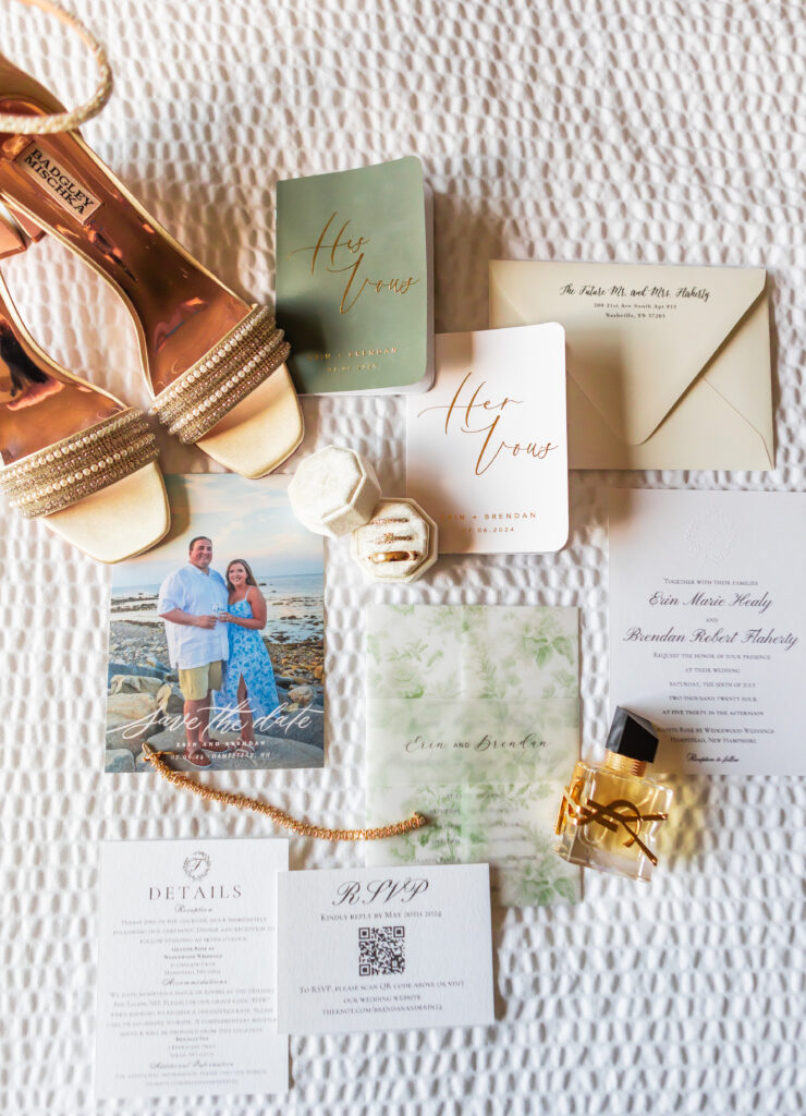 sage green and gold wedding details 