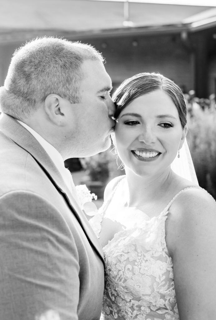 Groom kisses his bride on the cheek.