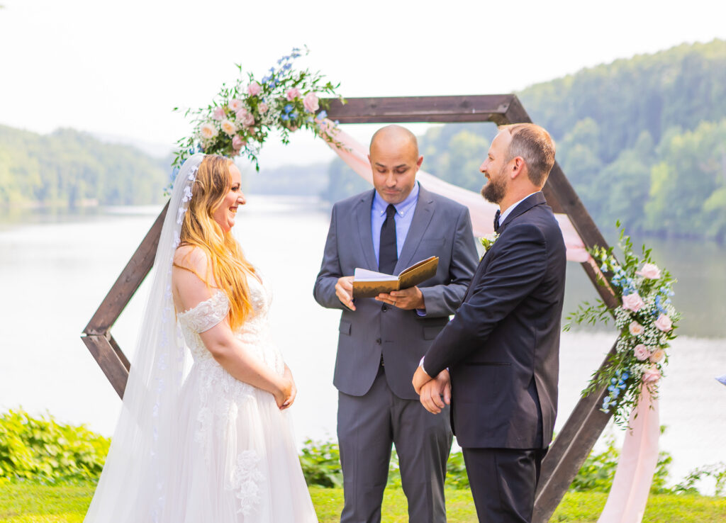 Bride and groom get ready to exchange vows at their NH wedding.