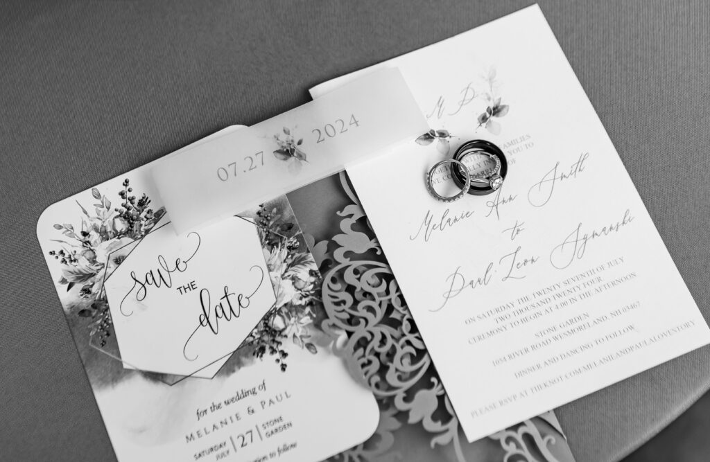 Wedding rings and save the dates.