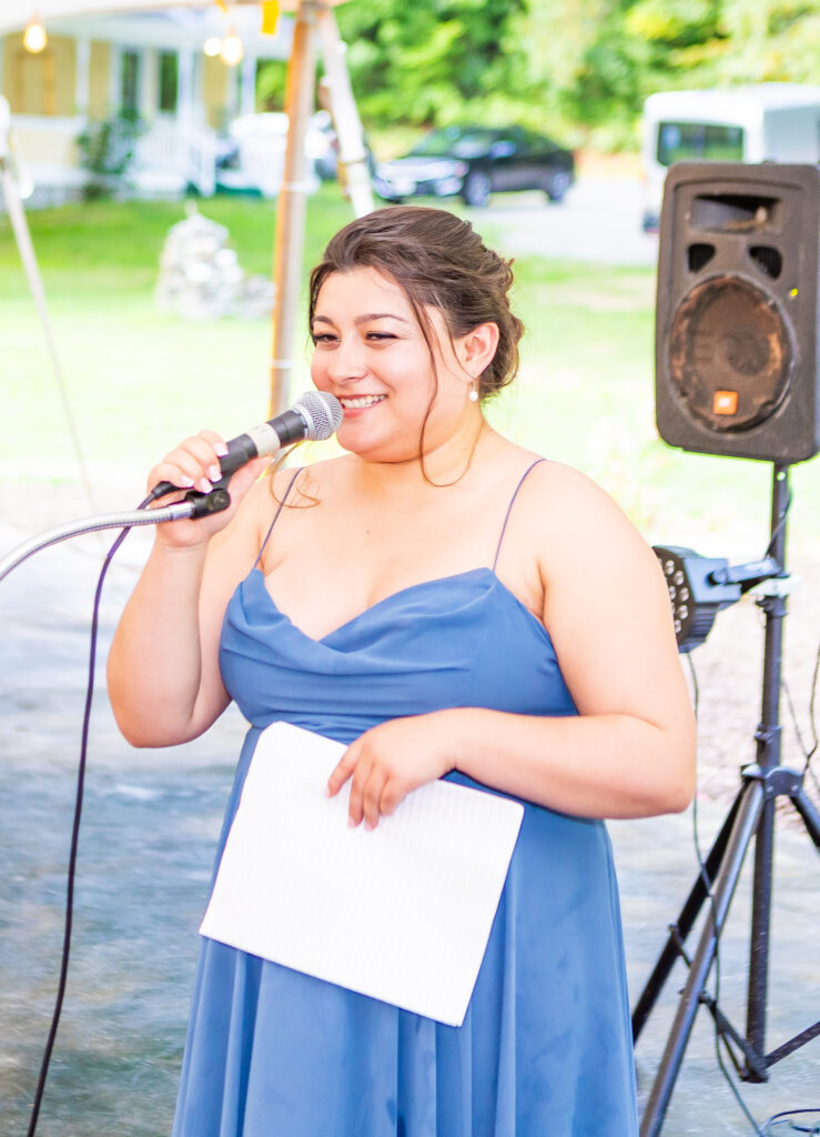 Maid of honor giving her speech at Stone Garden.