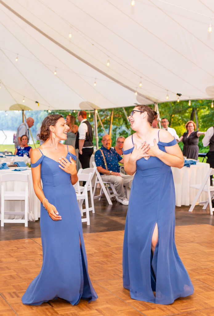 Bridesmaids dancing at a wedding at Stone Garden in New Hampshire.