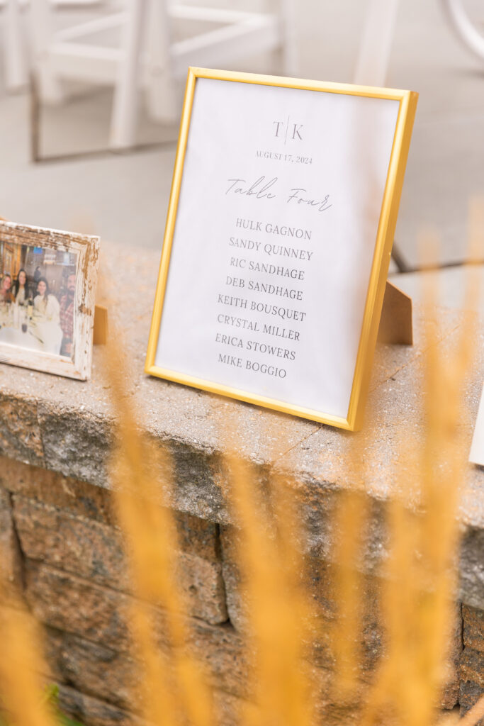 Table seating chart at a NH wedding.