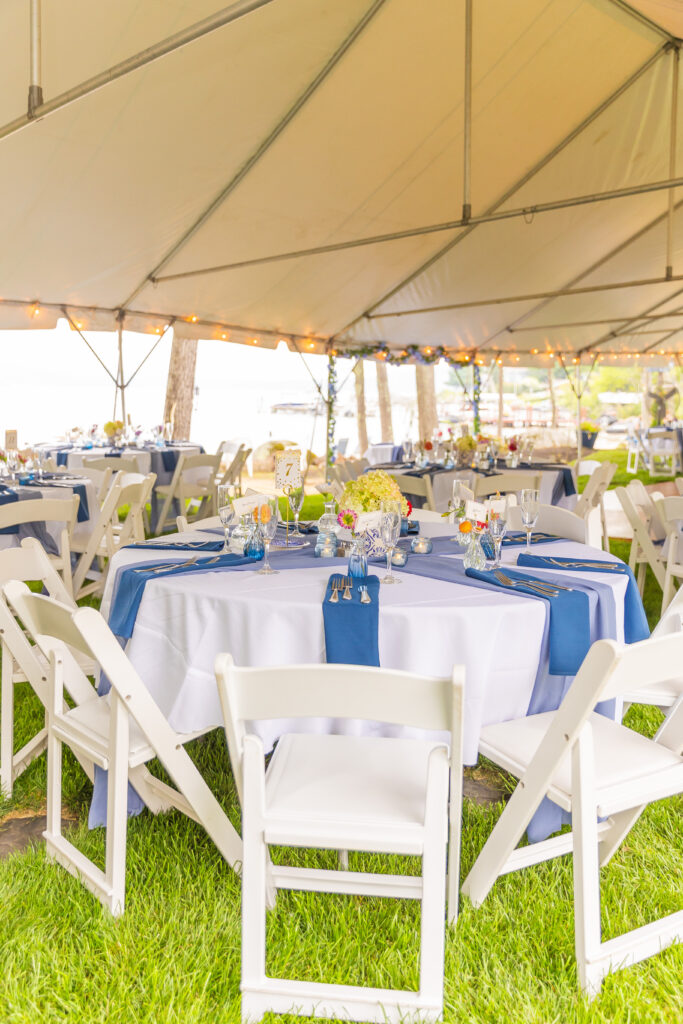 Blue table theme for wedding.