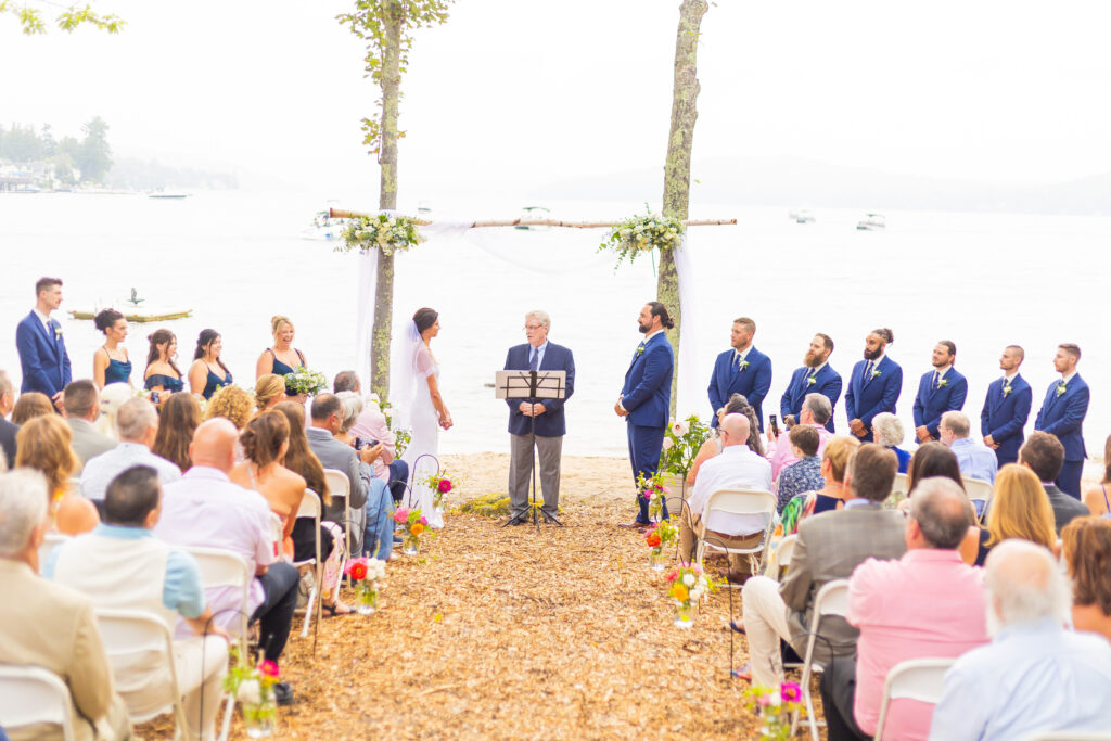 Wedding ceremony overlooking Lake Winnipesaukee.