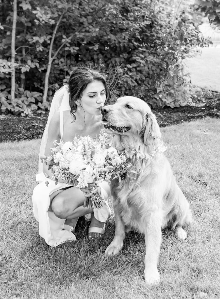 Dog receives a kiss on the cheek from the bride at her NH wedding.