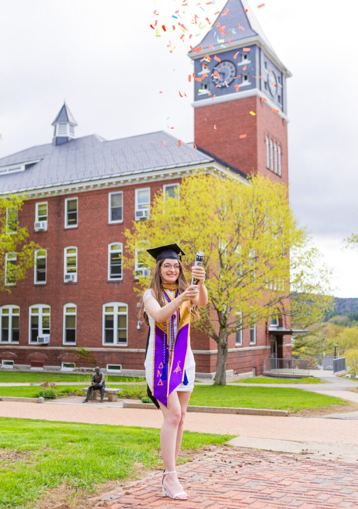 Confetti cannon at Plymouth State University for grad photos.