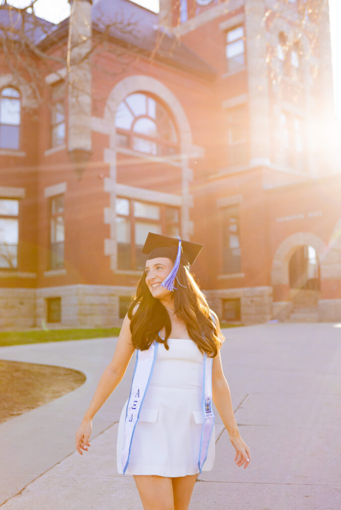 Grad photos at Thompson Hall at the University of New Hampshire